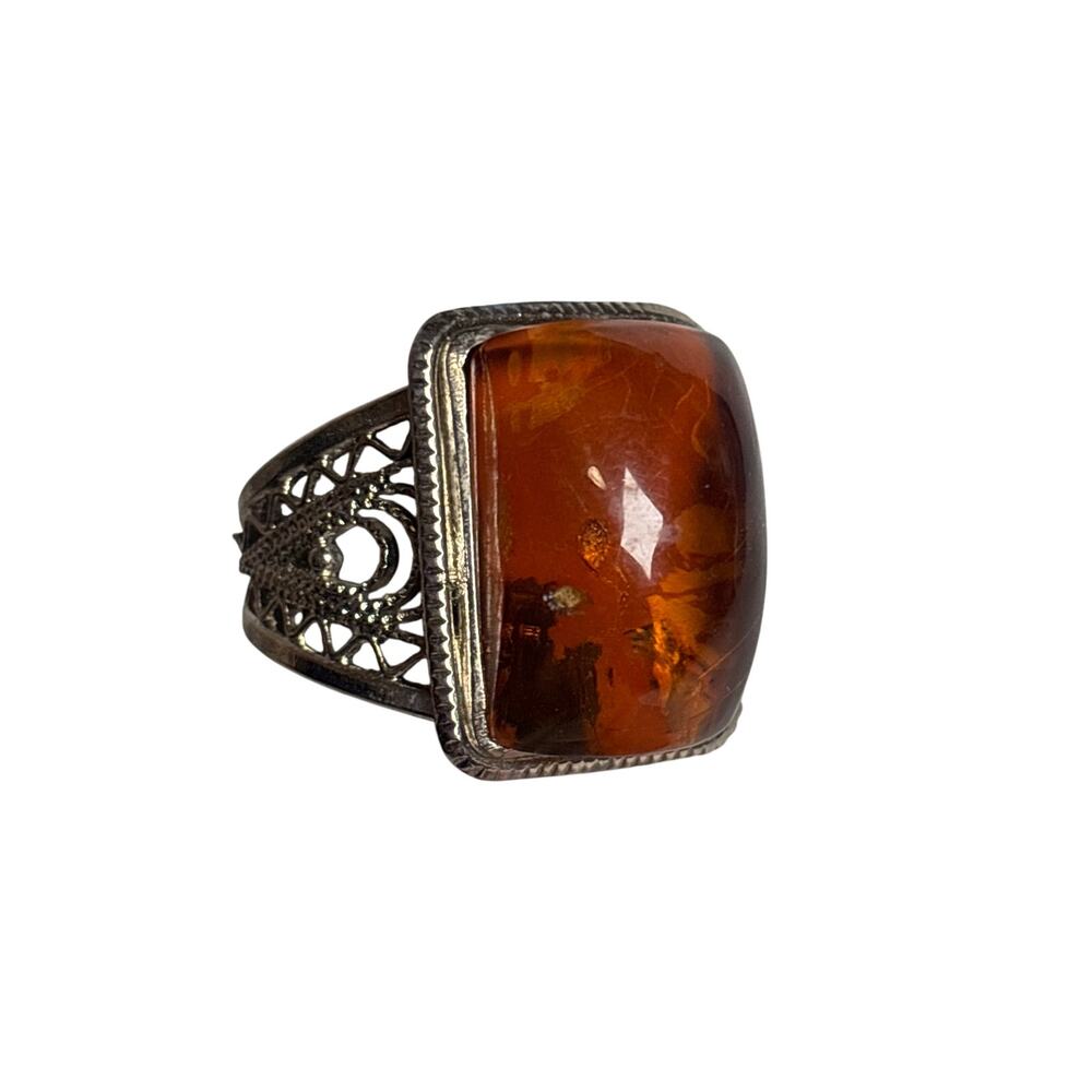 Baltic Amber Ring Size 11 Silver Tone Vintage Style Mens Statement Ring